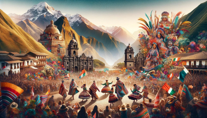Colorful traditional festival in Andean town setting.