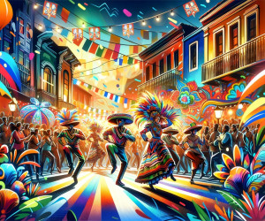 Colorful street festival with dancers and vibrant decorations.