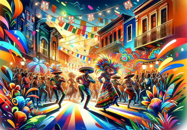 Colorful street festival with dancers and vibrant decorations.