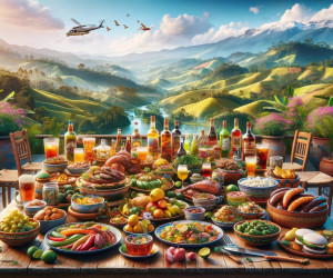 Outdoor feast with abundant food and scenic mountain view.