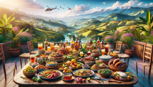 Festin en plein air avec nourriture abondante et vue panoramique sur les montagnes.