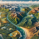 Vibrant coastal landscape with mountains, rivers, and forests.