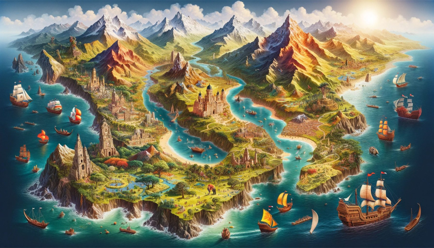 Fantasy landscape with castles, mountains, and sailing ships.