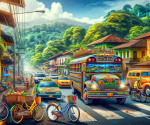 Colorful Costa Rican street with traditional bus.