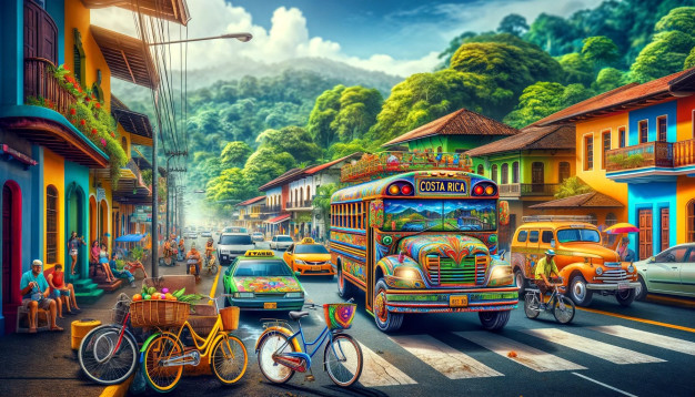 Rue colorée du Costa Rica avec un bus traditionnel.