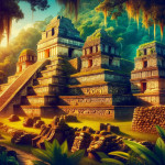 Ancient Mayan pyramid in lush jungle at sunset.