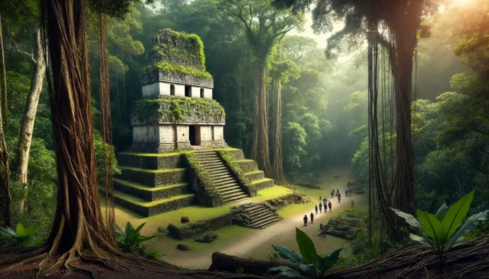 Ancient Maya temple in lush rainforest with visitors.