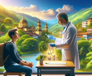 Digital artwork of doctor and student with tropical backdrop.