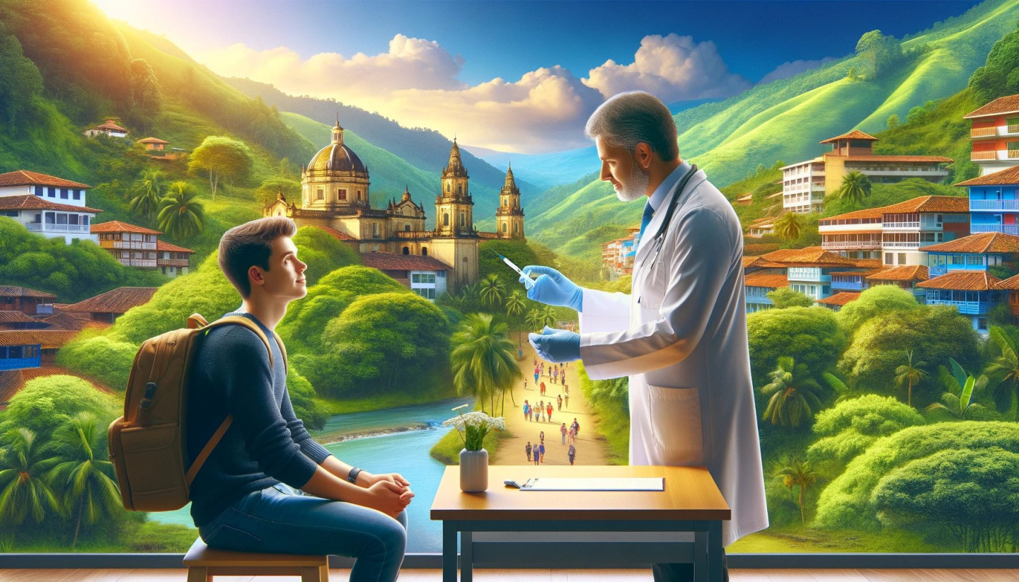 Digital artwork of doctor and student with tropical backdrop.