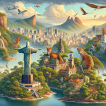 Vibrant Rio de Janeiro fantasy landscape with wildlife and monuments.