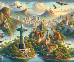 Vibrant Rio de Janeiro fantasy landscape with wildlife and monuments.