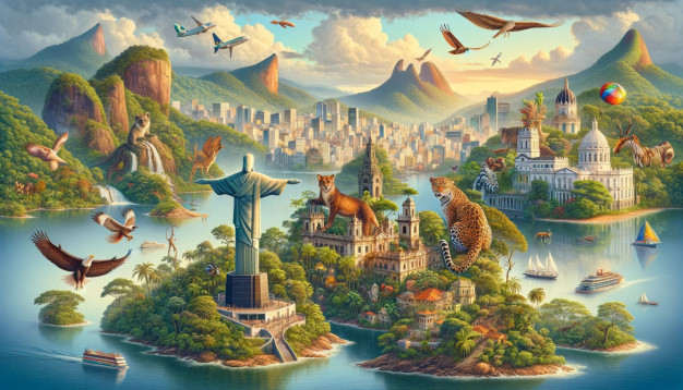 Paysage fantastique de Rio de Janeiro avec faune et monuments.
