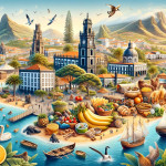 Vibrant illustrated coastal cityscape with boats and market.