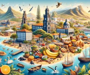 Vibrant illustrated coastal cityscape with boats and market.