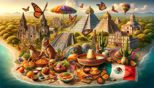 Fantasy Mexican landscape with cultural and historical elements.