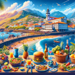 Colorful seaside landscape with food and architecture.