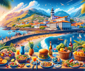 Colorful seaside landscape with food and architecture.