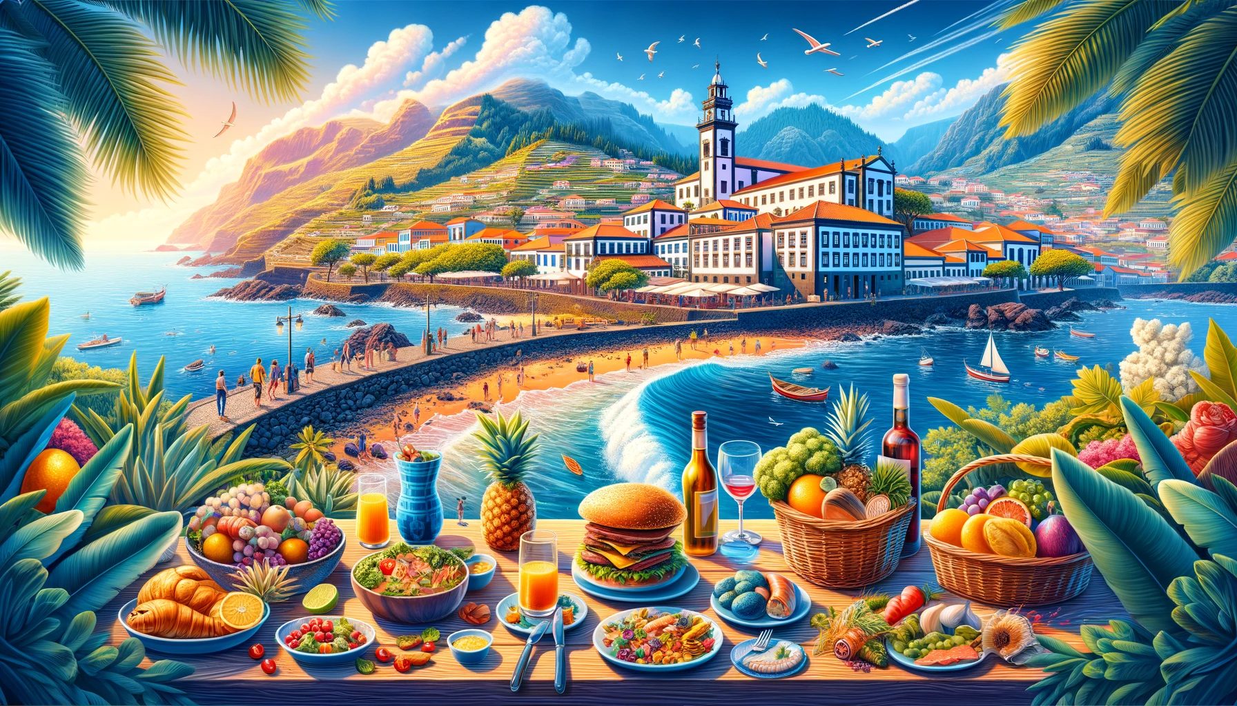 Colorful seaside landscape with food and architecture.
