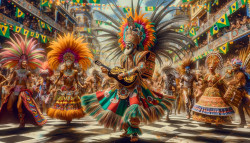 Danseurs du carnaval brésilien en costume avec des drapeaux.