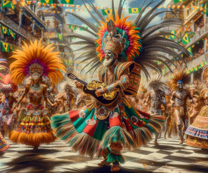 Vibrant Brazilian Carnival dancers in costume with flags.