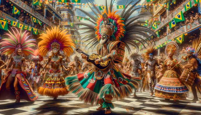 Vibrant Brazilian Carnival dancers in costume with flags.