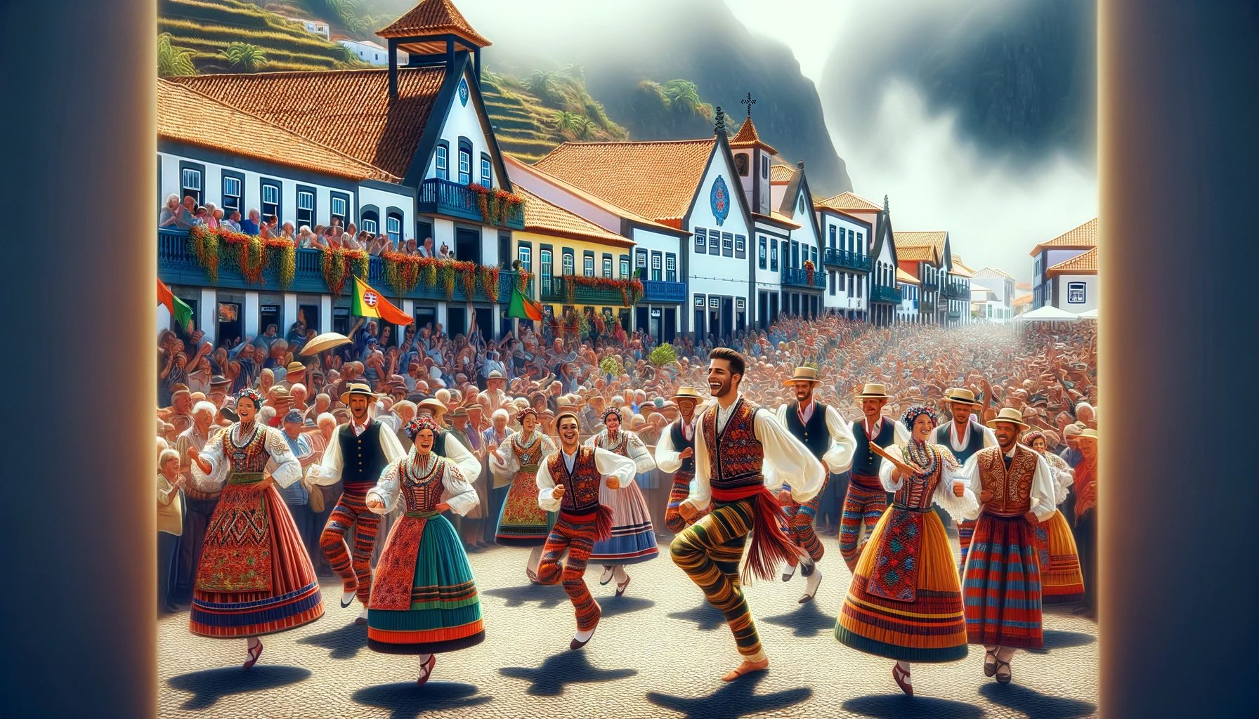 Folk dancers in traditional costumes at festival celebration.