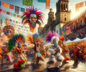 Colorful traditional Mexican festival dancers in costumes.