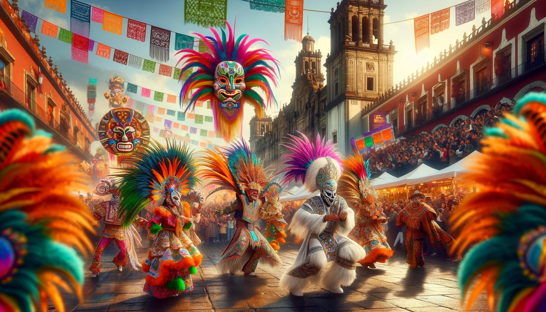 Colorful traditional Mexican festival dancers in costumes.