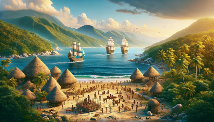 Tropical island village with sailboats and lush mountainscape.