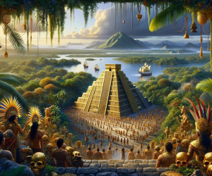 Ancient Mesoamerican civilization with pyramid and ritual ceremony.