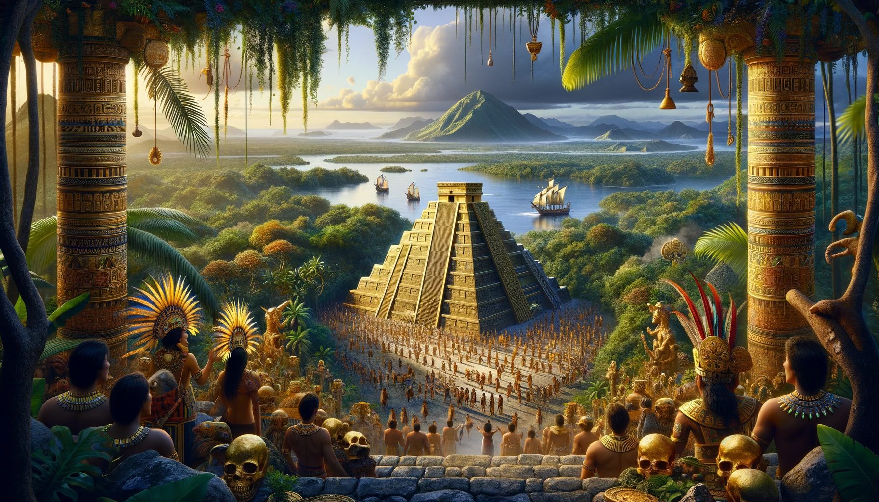 Ancient Mesoamerican civilization with pyramid and ritual ceremony.