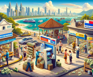 Colorful illustration of bustling tropical cityscape with shops and people.