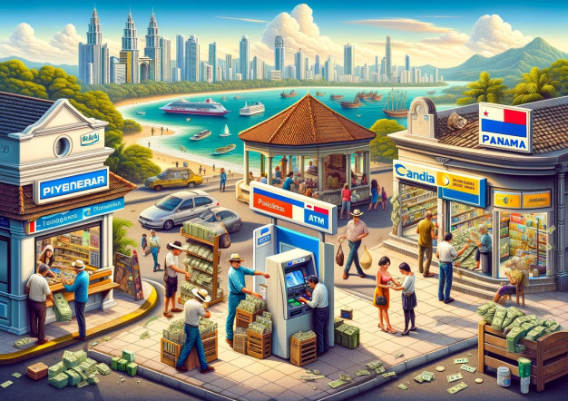 Colorful illustration of bustling tropical cityscape with shops and people.