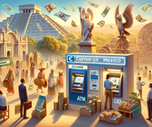 illustration hyper réaliste pour "currency in mexico paying, atm, exchanging money". l'image montre différents scénarios d'échange d'argent dans un lieu emblématique du Mexique.