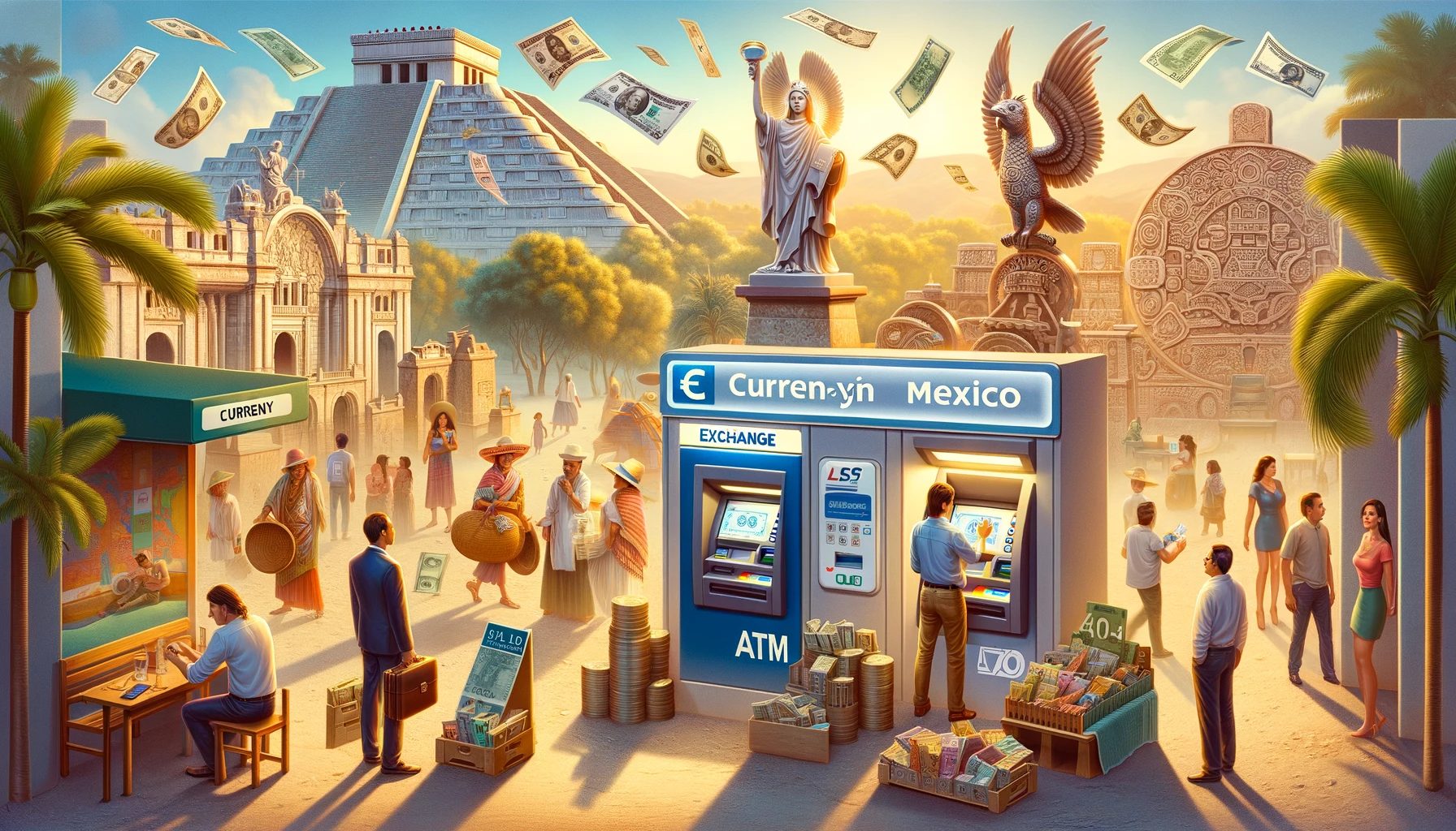 hyper realistic illustration for 'currency in mexico paying, atm, exchanging money'. the image shows various money exchange scenarios in an iconic me