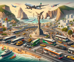 hyper realistic illustration for 'transportation in mexico how to get around', depicting a bustling mexican city with various transportation methods