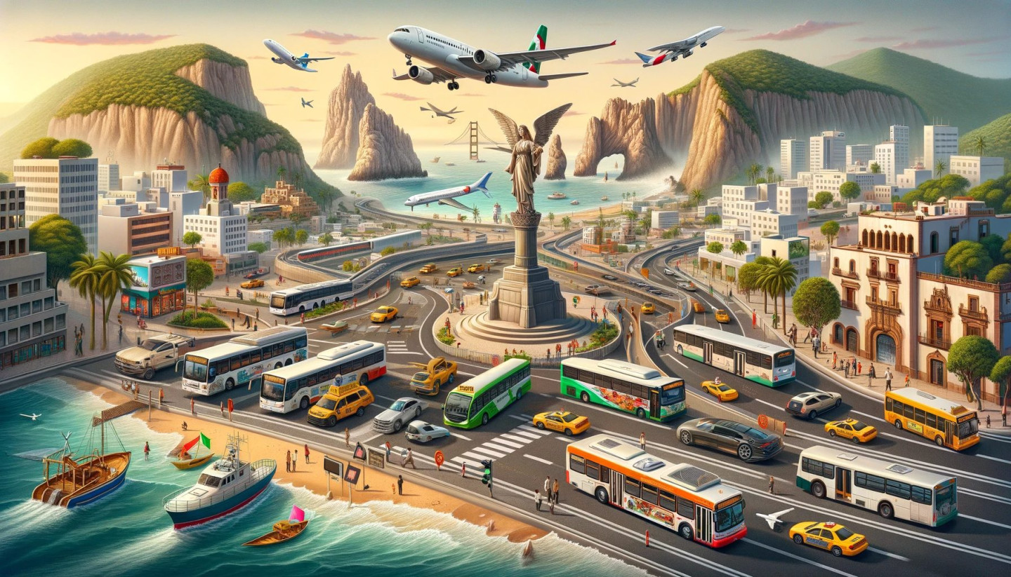 hyper realistic illustration for 'transportation in mexico how to get around', depicting a bustling mexican city with various transportation methods
