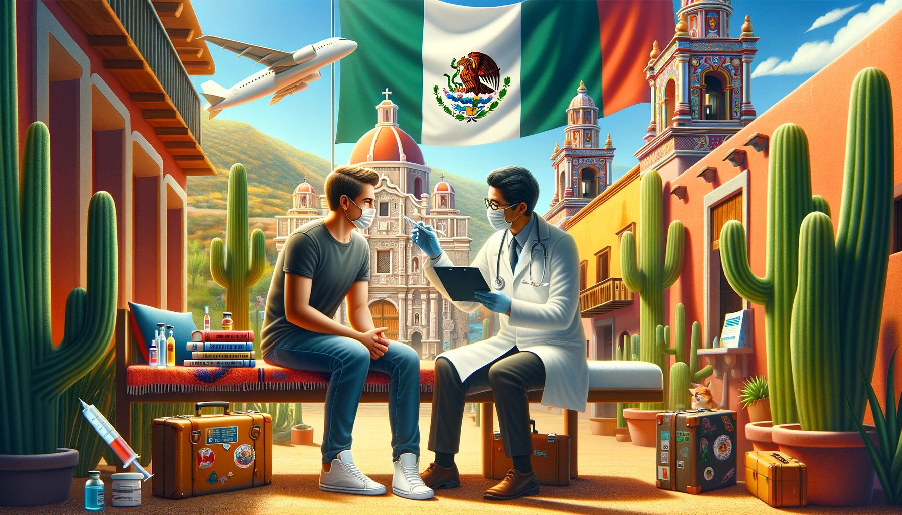 Illustration of vaccination in colorful Mexican setting.