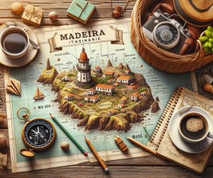 Travel planning with Madeira map, compass, and coffee.