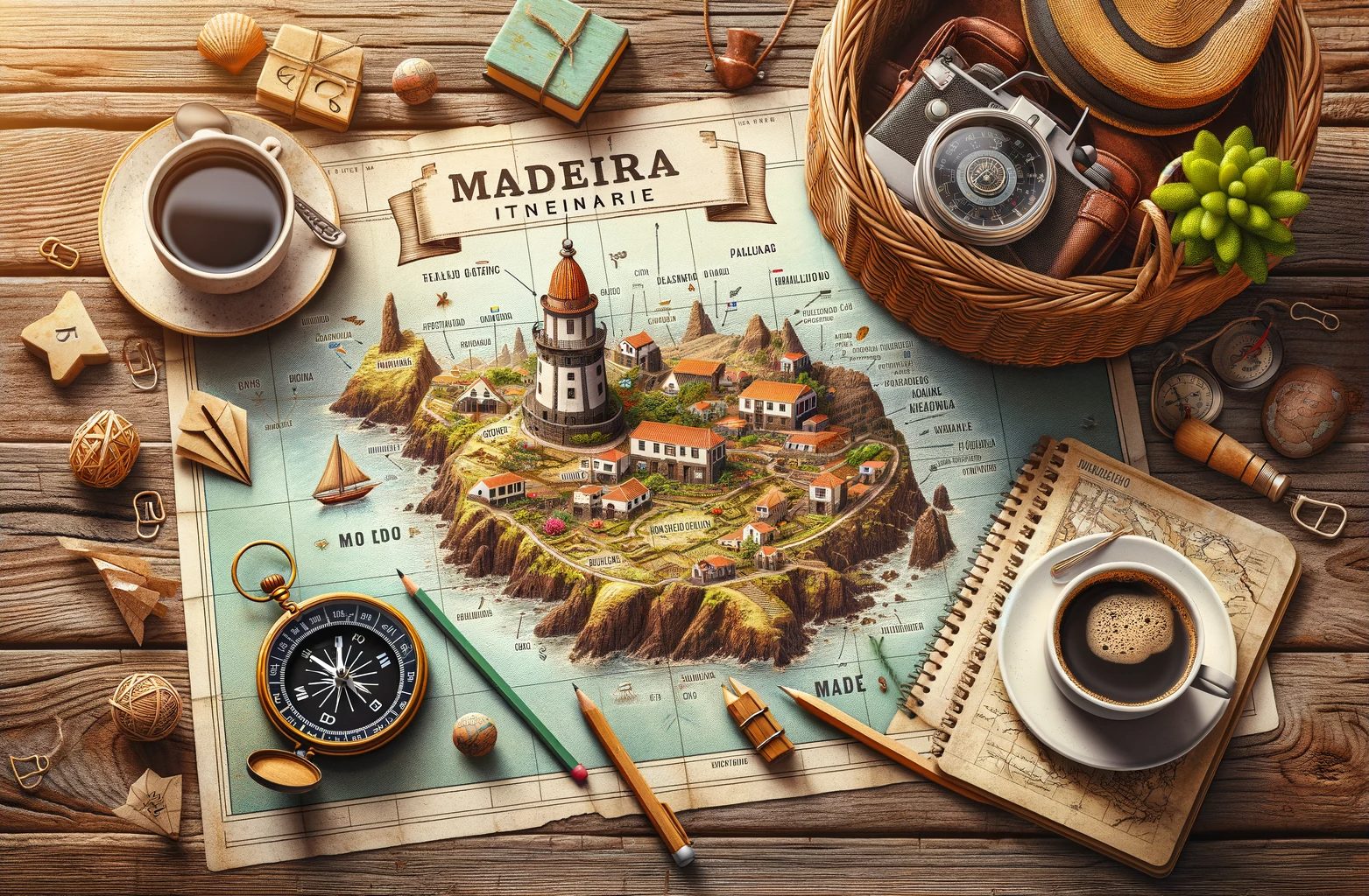 Travel planning with Madeira map, compass, and coffee.