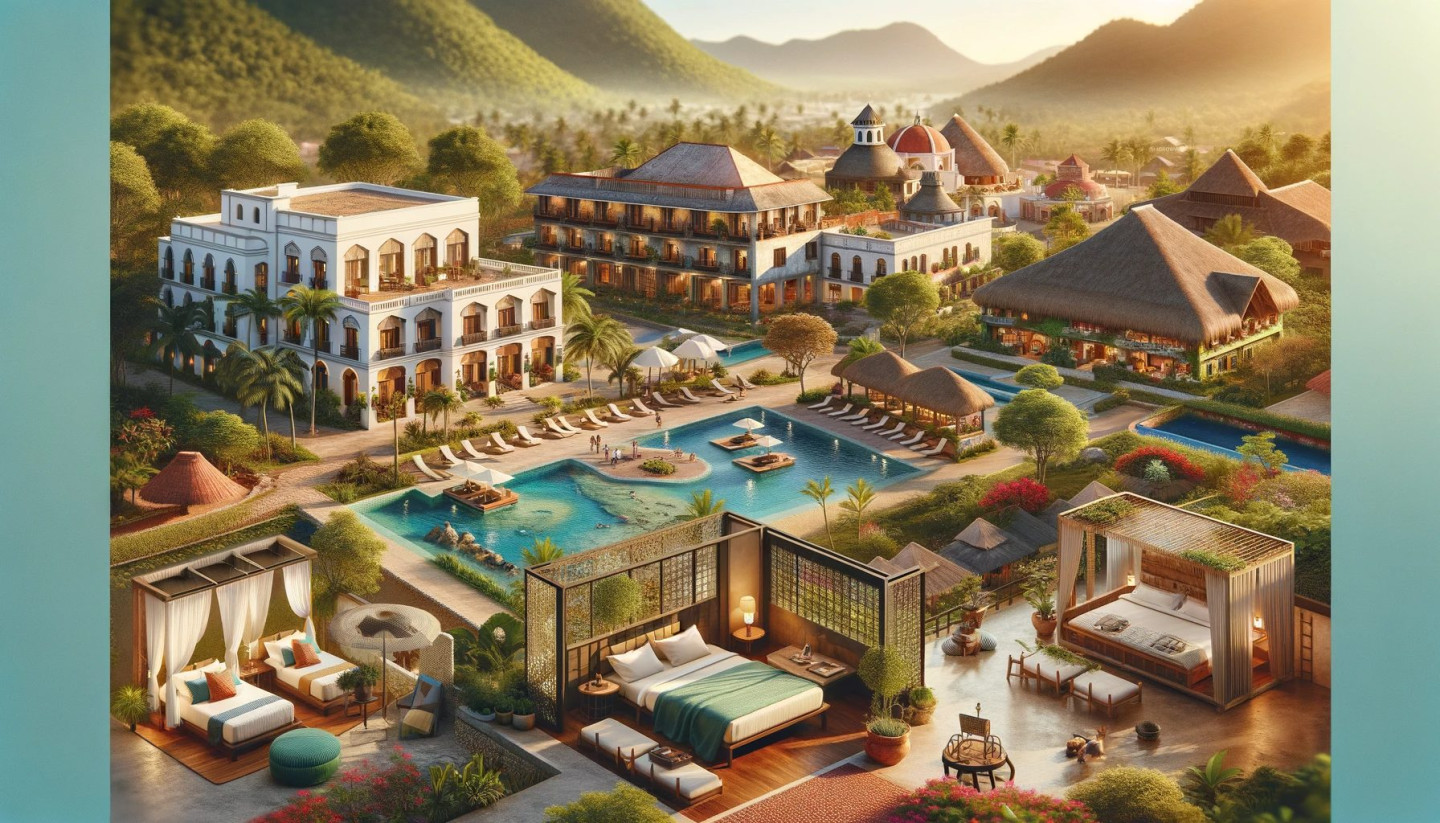 Luxury tropical resort with pools and villas at sunset.