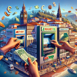 Surreal financial-themed coastal town illustration.