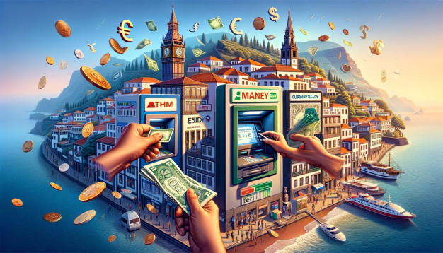 Illustration surréaliste d'une ville côtière sur le thème de la finance.