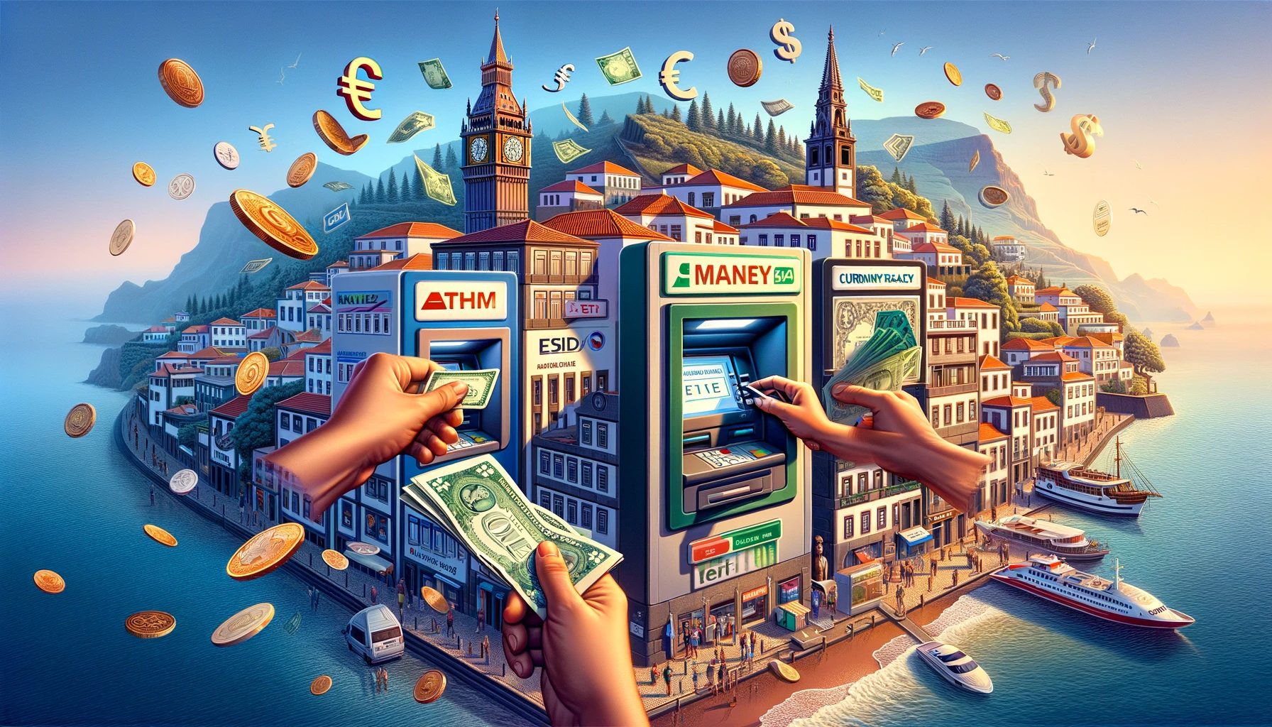 Surreal financial-themed coastal town illustration.