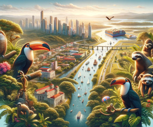 Vibrant cityscape, exotic wildlife, and lush nature illustration.