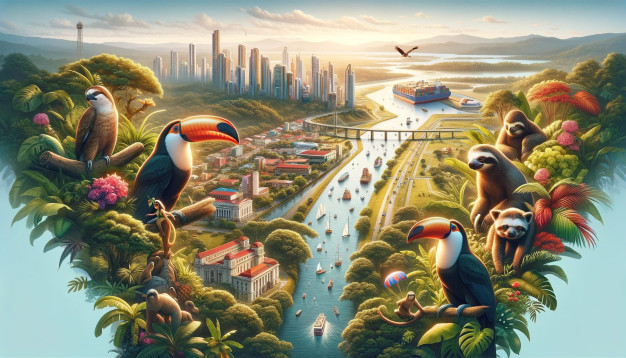 Illustration d'un paysage urbain animé, d'une faune exotique et d'une nature luxuriante.