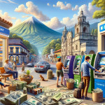 Busy street with people using ATMs and volcano backdrop.
