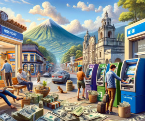 Busy street with people using ATMs and volcano backdrop.