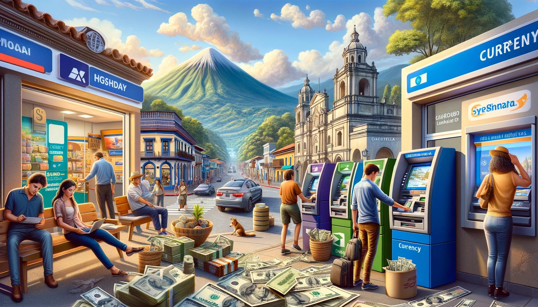 Busy street with people using ATMs and volcano backdrop.