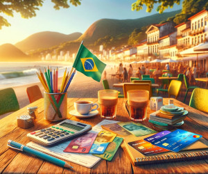 Seaside cafe workspace with Brazilian flag and currency.